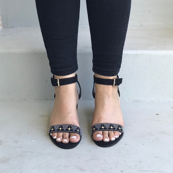 Black Ankle Strap Embellished Block Heel Sandals - Picture 3 of 7